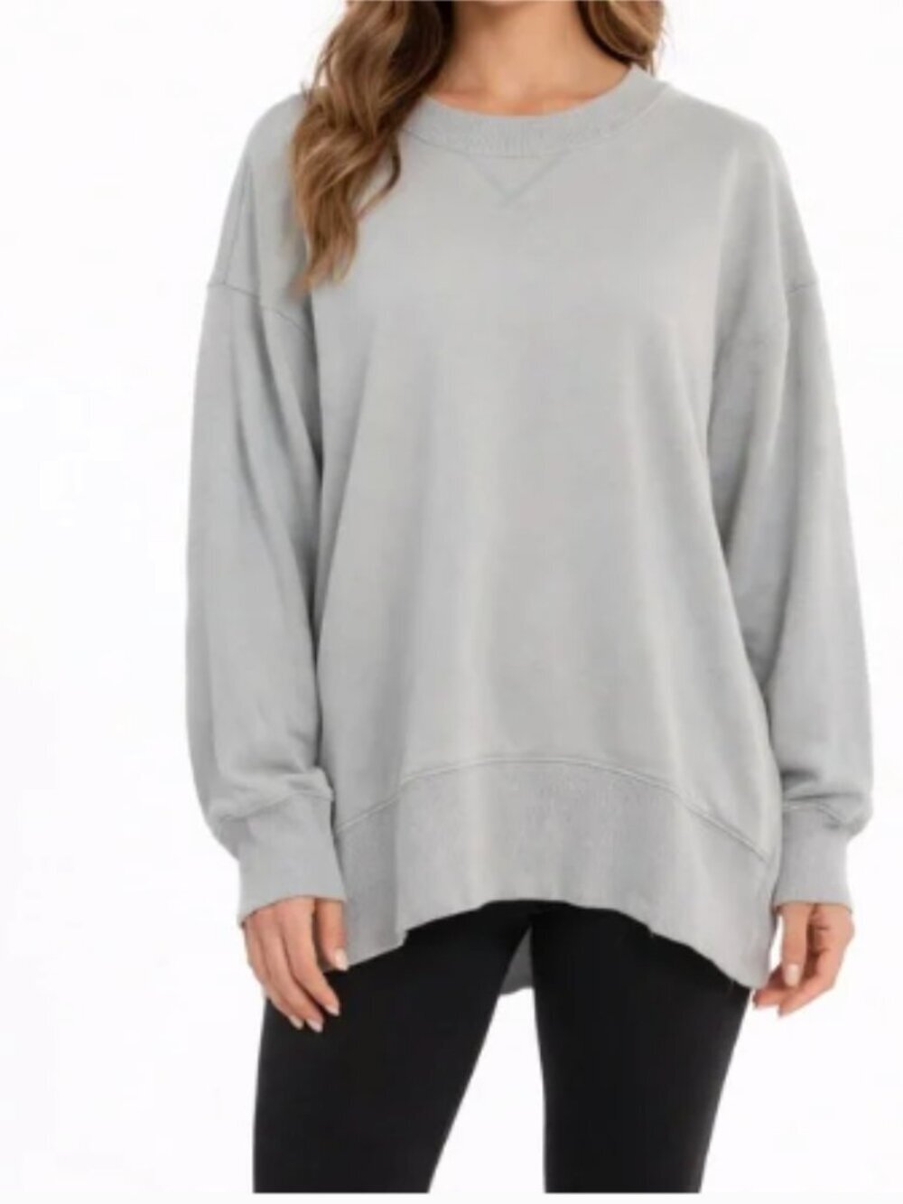 Aerie Women's Size Small Sweatshirt Crewneck Light Gray Blue Ribbed Slit Side